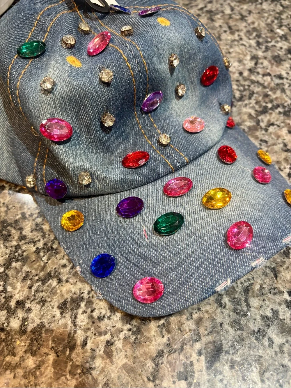 Denim distressed Cap with Multi-Colored Gem Embellishments🩷💛❤️💙NWT